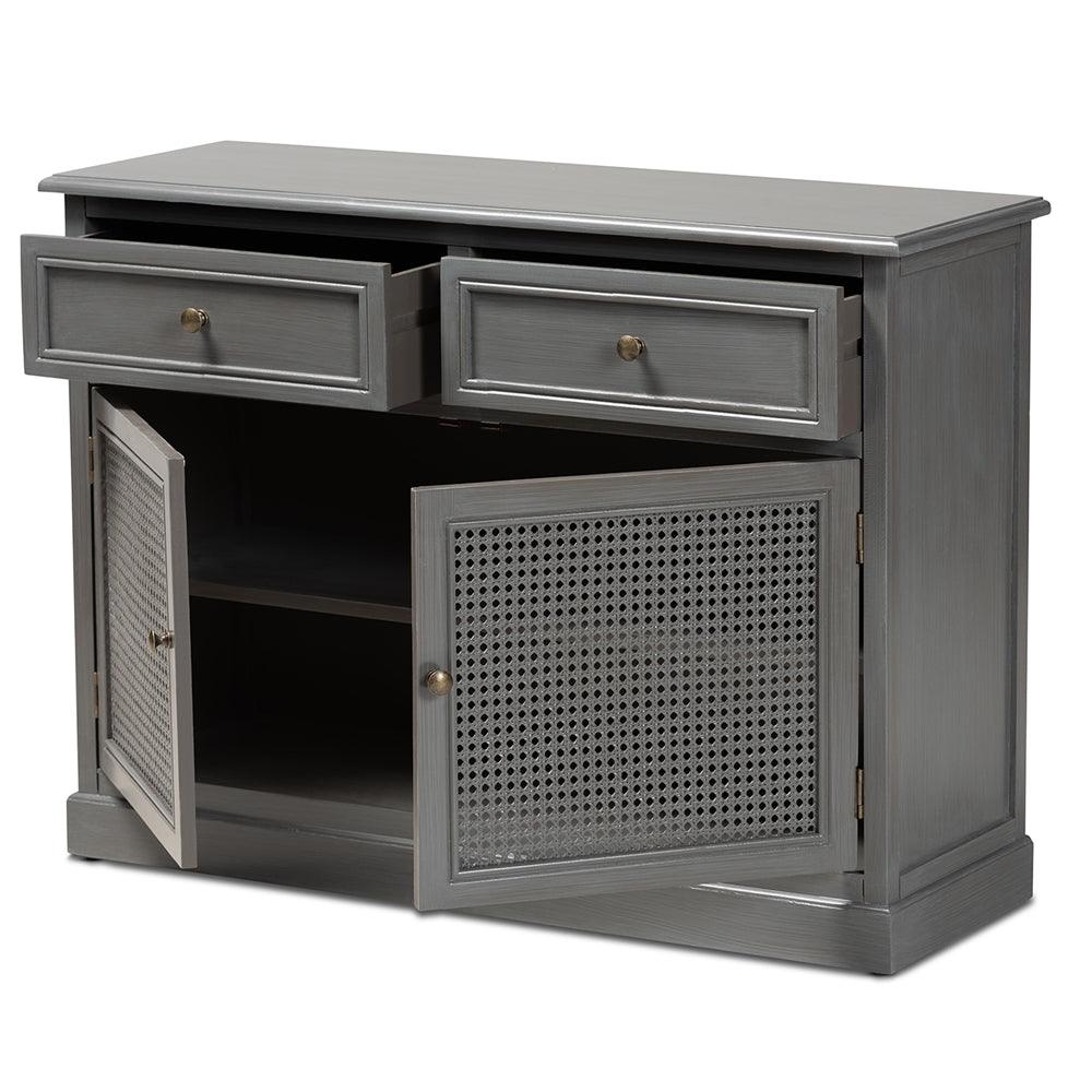 BAXTON STUDIO SHELDON MODERN AND CONTEMPORARY VINTAGE GREY FINISHED WOOD AND SYNTHETIC RATTAN 2-DOOR DINING ROOM SIDEBOARD BUFFET
