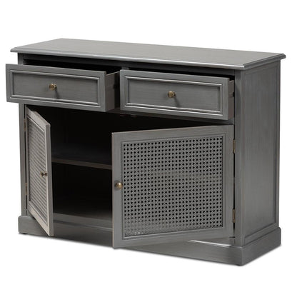 BAXTON STUDIO SHELDON MODERN AND CONTEMPORARY VINTAGE GREY FINISHED WOOD AND SYNTHETIC RATTAN 2-DOOR DINING ROOM SIDEBOARD BUFFET