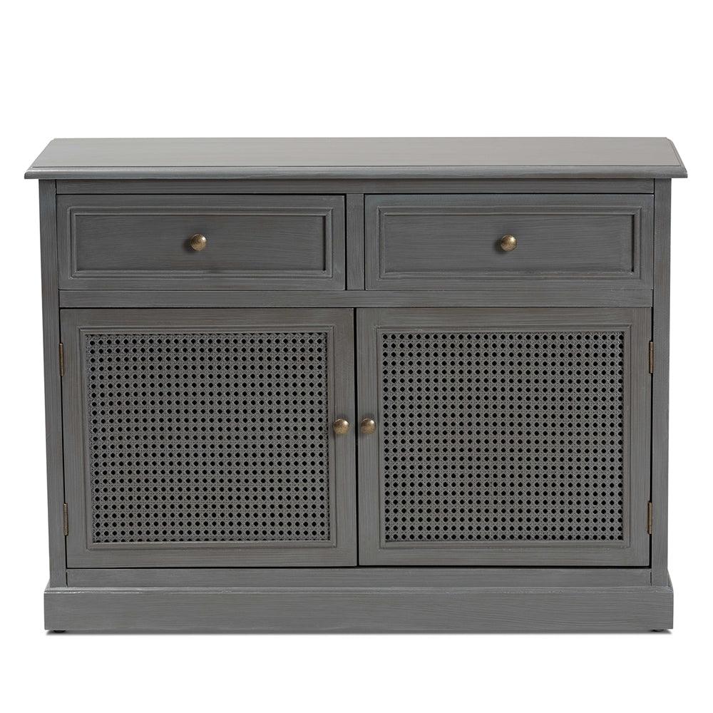 BAXTON STUDIO SHELDON MODERN AND CONTEMPORARY VINTAGE GREY FINISHED WOOD AND SYNTHETIC RATTAN 2-DOOR DINING ROOM SIDEBOARD BUFFET