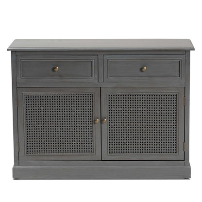 BAXTON STUDIO SHELDON MODERN AND CONTEMPORARY VINTAGE GREY FINISHED WOOD AND SYNTHETIC RATTAN 2-DOOR DINING ROOM SIDEBOARD BUFFET