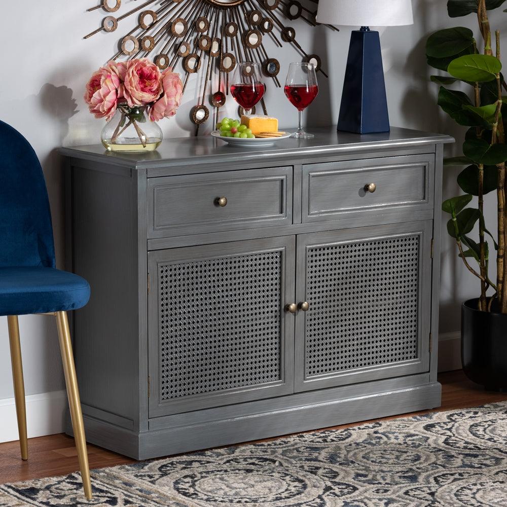 BAXTON STUDIO SHELDON MODERN AND CONTEMPORARY VINTAGE GREY FINISHED WOOD AND SYNTHETIC RATTAN 2-DOOR DINING ROOM SIDEBOARD BUFFET