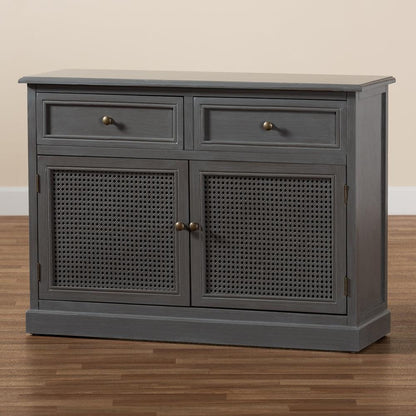 BAXTON STUDIO SHELDON MODERN AND CONTEMPORARY VINTAGE GREY FINISHED WOOD AND SYNTHETIC RATTAN 2-DOOR DINING ROOM SIDEBOARD BUFFET