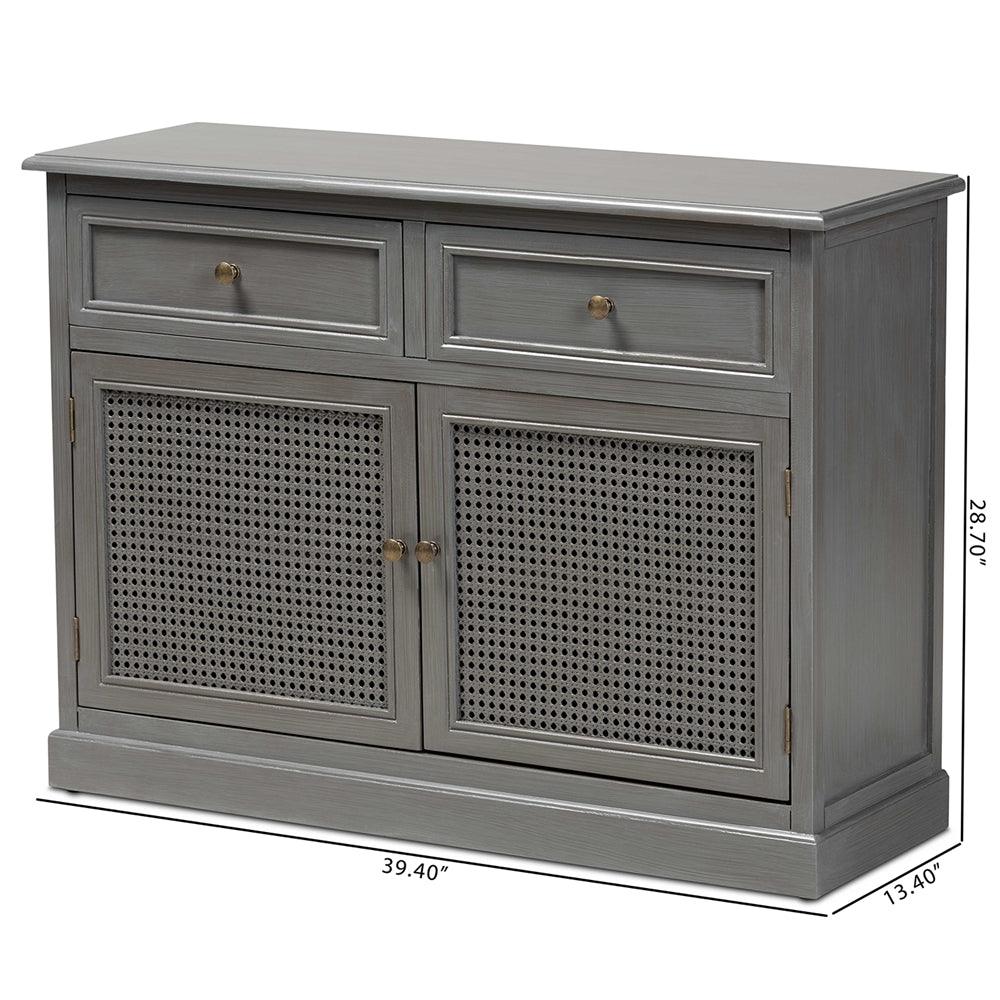 BAXTON STUDIO SHELDON MODERN AND CONTEMPORARY VINTAGE GREY FINISHED WOOD AND SYNTHETIC RATTAN 2-DOOR DINING ROOM SIDEBOARD BUFFET